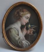 ECOLE FRANCAISE du XIXème
La jeune fille et l'oiseau
Pastel ovale
50 x...