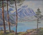 J. WAGNER (XXème)
Paysage de montagne, le lac, 1947.
Aquarelle signée et...