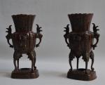 INDOCHINE 
Paire de vases en bronze ciselé et patiné
H.: 26...