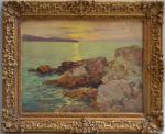 E. ROBERT (Début XXème)
Coucher de soleil sur les rochers, 1924.
Huile...