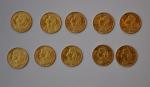 Dix pièces or 20 francs, Union latine
Lot conservé en banque,...