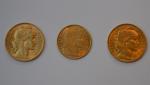 Deux pièces or 20 francs Coq 1906, 1913 et une...