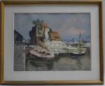 Pierre BOUDET (1915-2010)
Honfleur, bateaux devant la lieutenance, 1970.
Gouache signée en...