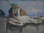 Pierre BOUDET (1915-2010)
Honfleur, bateaux devant la lieutenance, 1970.
Gouache signée en...