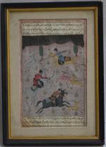 INDE
Scène de chasse équestre
Gouache avec inscriptions arabes
24 x 15 cm...