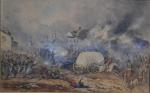 Théodore JUNG (1803-1865)
Scène de bataille, 1843. 
Aquarelle signée et datée...