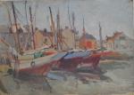 Georges LHERMITTE (1882-1967)
Thoniers au port
Huile sur toile sans châssis
22.5 x...
