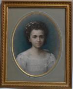 ECOLE FRANCAISE du XIXème
Portrait de jeune fille, 1876. 
Pastel ovale...