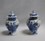 CHINE
Paire de vases couverts en porcelaine à décor bleu blanc...