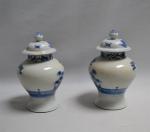 CHINE
Paire de vases couverts en porcelaine à décor bleu blanc...