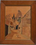 Charles SPINDLER (1865-1938)
Alsace, les deux oies
Panneau en marqueterie signé en...