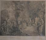 d'après Jean-Antoine WATTEAU (1684-1721), 
Le bal champestre
Gravure
51 x 60.5 cm...