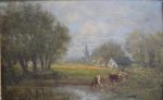 attribué à Jules DUPRÉ (1811-1889)
Vaches s'abreuvant près du village
Huile sur...