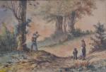 ECOLE FRANCAISE du XIXème
L'abattage de l'arbre
Aquarelle 
12.5 x 18.5 cm...
