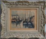 Fernand HERBO (1905-1995)
Honfleur, bateaux au port, circa 1950. 
Aquarelle signée...