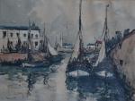 Fernand HERBO (1905-1995)
Honfleur, bateaux au port, circa 1950. 
Aquarelle signée...