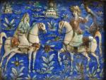 Carreau mural en bas relief représentant un couple de cavaliers...