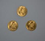 Trois pièces or, 20 francs, Coq, 1908 (x3)
Lot conservé en...