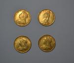 Quatre pièces or Souverain Victoria, 1891 (x1), 1893 (x2) et...