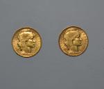 Deux pièces or 20 francs Coq, 1907 (x1) et 1909...