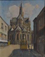 MAXIME (XXème)
Nantes, le tramway derrière l'église Saint Nicolas
Huile sur carton...