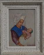 Berthe SAVIGNY (1882-1958)
Bretonne et son enfant
Huile sur panneau signée en...