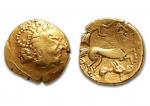 Statère d'or type armoricain Picto Santones (Ier siècle). 7,63 g.
Tête...