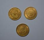 Trois pièces or 20 francs, 1858, 1886 et 1893