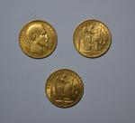 Trois pièces or 20 francs, 1858, 1886 et 1893