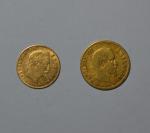 Deux pièces or:
- 10 francs 1856, Napoléon III tête nue
-...