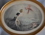 ECOLE FRANCAISE vers 1900
Le perroquet, 
Les poupées
Paire de gravures ovales...