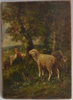 James DESVARREUX-LARPENTEUR (1847-1937)
La gardienne de moutons
Huile sur panneau signée en...