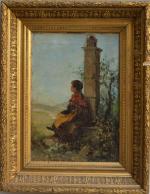 ECOLE fin XIXème
Jeune fille au pied du monument
Huile sur toile...
