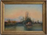 C. GILLE (XIXème)
La calèche traversant sur la barge, 1862. 
Huile...