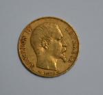 Une pièce or 20 francs, Napoléon III tête nue, 1854...