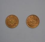 Deux pièces or 20 francs, Union Latine, 1901 B et...
