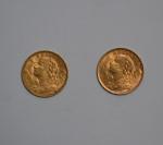 Deux pièces or 20 francs, Union Latine, 1901 B et...