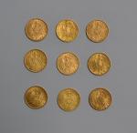 Neuf pièces or, 20 marks, 1872 (x2), 1888 (x1), 1892...