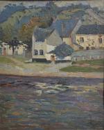 Emmanuel MEURIS [belge] (1894-1969)
Maisons devant la rivière, 1918. 
Huile sur...