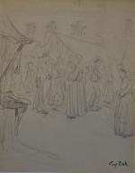 Eugène ZAK (1884-1926)
Scène de marché à Pont-Aven
Dessin au crayon, cachet...