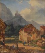 ECOLE ITALIENNE du XIXème
Personnages dans un paysage, 1831. 
Huile sur...